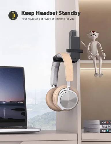 Vista 4 de Lamicall Soporte para auriculares, soporte adhesivo para auriculares, soporte para auriculares debajo del escritorio, soporte de gancho adhesivo