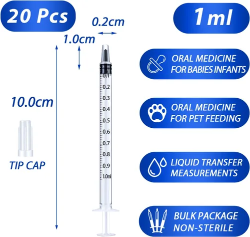 Vista 2 de Paquete de 20 jeringas de 1ml con tapa para líquido, jeringas pequeñas de plástico de 1cc con tapa, no estériles, sin aguja