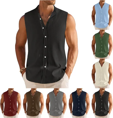 Vista 2 de Camisa sin mangas de lino guayabera cubana para hombre, camisa de verano con botones, camiseta sin mangas de playa, camiseta básica casual