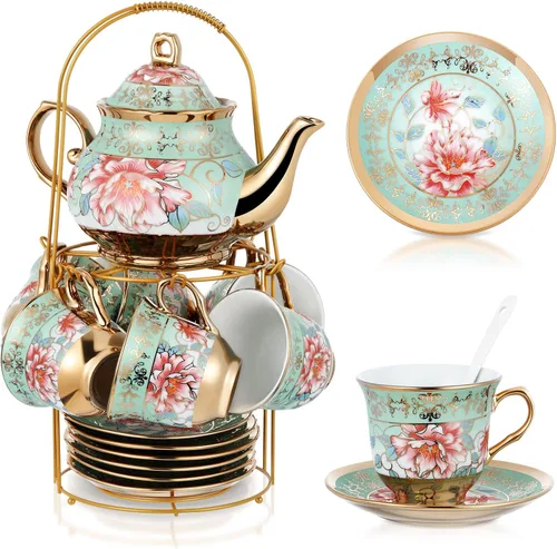 Vista 15 de Zhehao Juego de té de porcelana de 20 piezas con soporte de metal y cuchara para adultos, juego de té de cerámica para adultos, pintura de flores