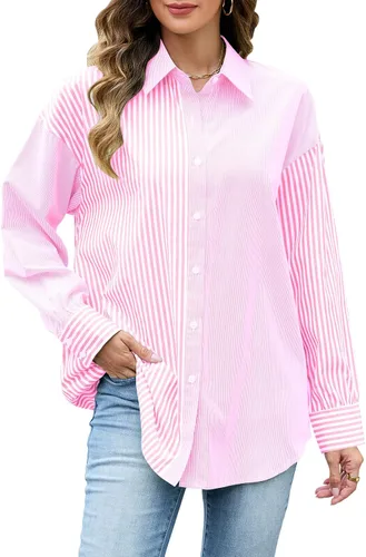 Vista 7 de Camisas a rayas con botones para mujer, de manga larga, de gran tamaño, estilo novio, blusas con cuello sin bolsillos