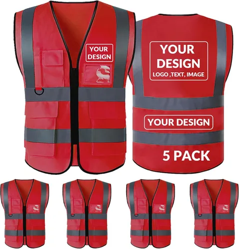 Vista 30 de BeautyWill Chaleco de seguridad con logotipo personalizado, Hi Vis Clase 2, chaleco reflectante de construcción unisex con 5 bolsillos