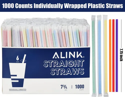Vista 2 de ALINK 1000 popotes desechables de plástico de colores surtidos, pajitas rectas envueltas individualmente, 7.75 x 0.23 pulgadas