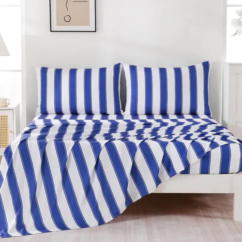 Vista 34 de MCO Juego de sábanas a rayas de 4 piezas, juego de sábanas Full transpirable con bolsillo profundo de 16", moderno y lujoso, juego de ropa de cama