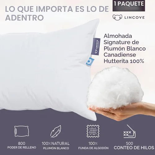 Vista 2 de Lincove Signature - Almohada de plumón 100% blanca canadiense, almohada de lujo para dormir de espalda, estómago y de lado, almohada de cama de 800