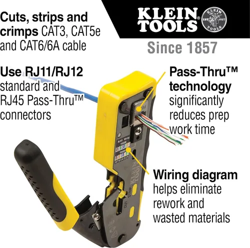 Vista 5 de Klein Tools Kit de probador de cables VDV501-851 y crimpadora modular de trinquete VDV226-110, pelacables, cortador de cables, para conectores