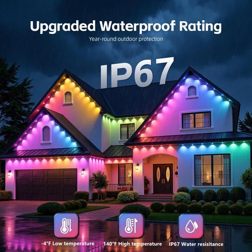 Vista 4 de Luces Permanentes para Exterior, 15 metros RGB + IC Luces LED Inteligentes para Aleros con Aplicación y Control Remoto, IP67 Impermeables