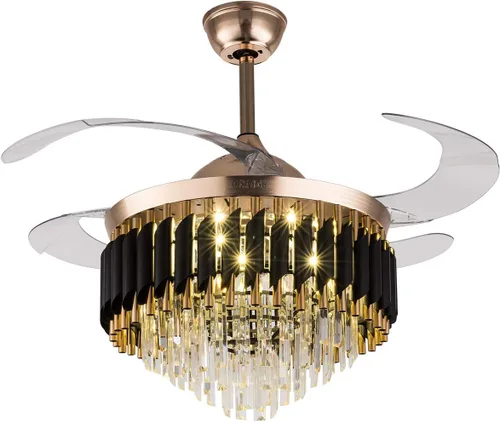 Vista 3 de Ventilador moderno para techo con luces LED regulables, candelabro de cristal, control remoto, aspas invisibles retráctiles y cromo pulido