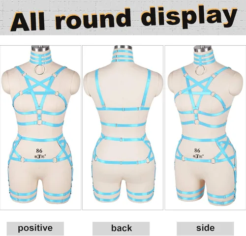 Vista 5 de Conjunto de liguero de pentagrama para mujer, con arnés para el cuerpo, estilo punk, gótico, carnaval, Halloween, elástico, ajustable, disfraz