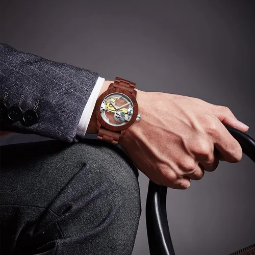 Vista 2 de S2SQURE - Reloj de pulsera para hombre mecánico automático automático de lujo esqueleto steampunk para hombre ligero con banda de madera marrón
