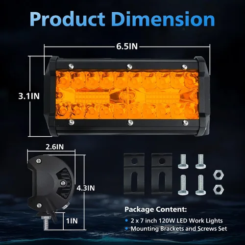 Vista 5 de 4WDKING Barra de luz LED ámbar de 7 pulgadas, 2 unidades de luz antiniebla para todo terreno con haz combinado de inundación puntual, luces