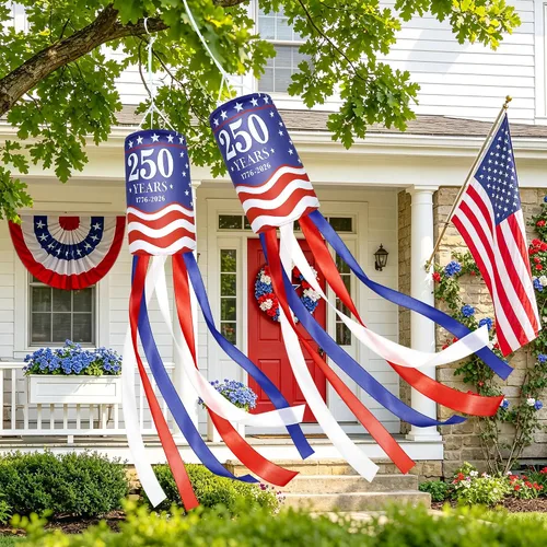 Vista 3 de 2Pcs 250 Years American Windsocks Decorations, Double Sided Red White Blue 250th Anniversary 1776-2026 WindSock for 4th July Memorial Day Patriotic