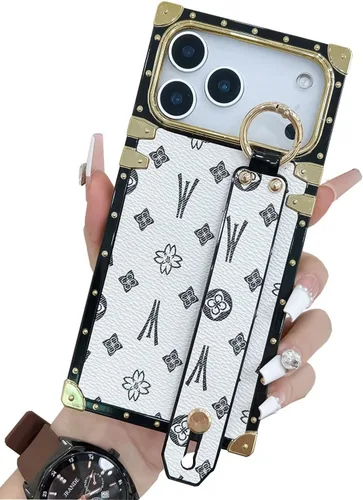 Vista 13 de Funda rectangular de cuero compatible con 11 con correa para pulsera, funda de diseño de lujo para mujeres y niñas, funda protectora con soporte