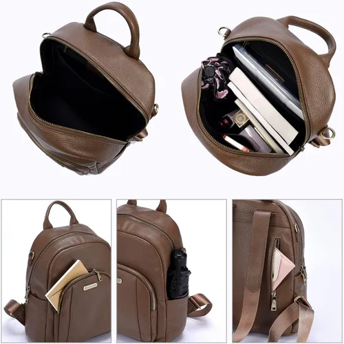 Vista 4 de Blofinche Pequeña mochila de cuero genuino para mujer, bolso convertible de diseñador para mujer, antirrobo, para el trabajo, casual, #1 Caqui mate