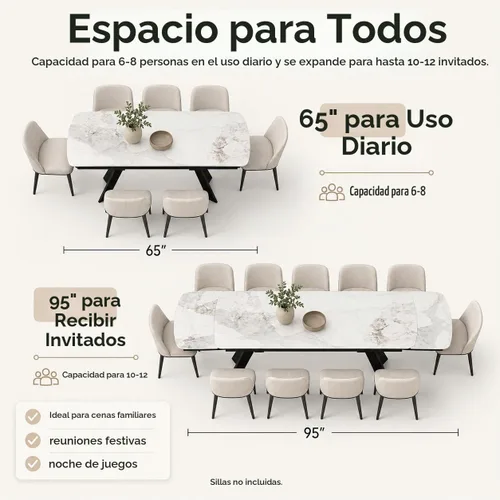 Vista 5 de Honyee Mesa de comedor de piedra sinterizada, mesa de comedor extensible con hojas, parte superior rectangular de aspecto de mármol, asientos 6-12