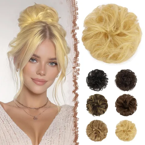 Vista 10 de FESHFEN - Extensiones de moño desordenado humano 100% cabello real, piezas de cabello rizado, extensiones de cola de caballo, cabello ondulado