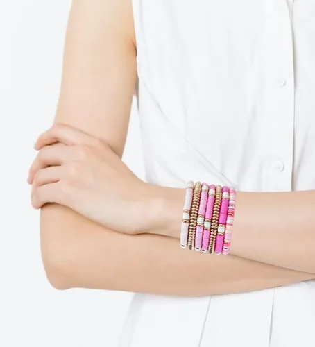 Vista 6 de Surfer Heishi - Juego de pulseras elásticas para mujer, apilables, de arcilla dorada, con cuentas de Ploymer, para verano, playa, en capas, pulseras