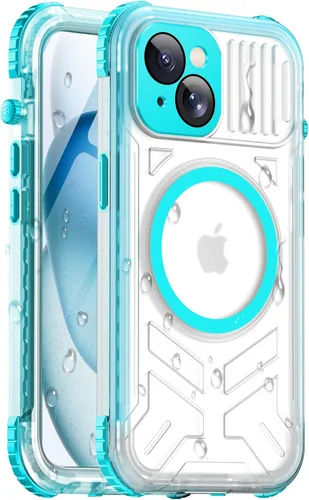 Vista 44 de Funda impermeable para iPhone 15 con Magsafe, protector de pantalla, cordón, IP68 militar de cuerpo completo a prueba de golpes, para deportes Negro