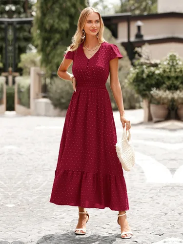 Vista 4 de PRETTYGARDEN Vestido de cóctel largo de manga corta con cuello en V para mujer, diseño de lunares suizos con volantes y escalonado