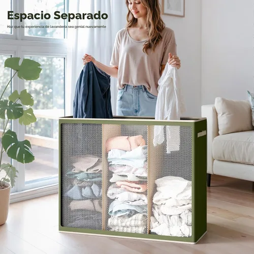 Vista 4 de SOLEDI Cesta de lavandería de 3 secciones de 180L con tapa, cesta de ropa sucia extragrande con asas resistentes para lavandería y dormitorio