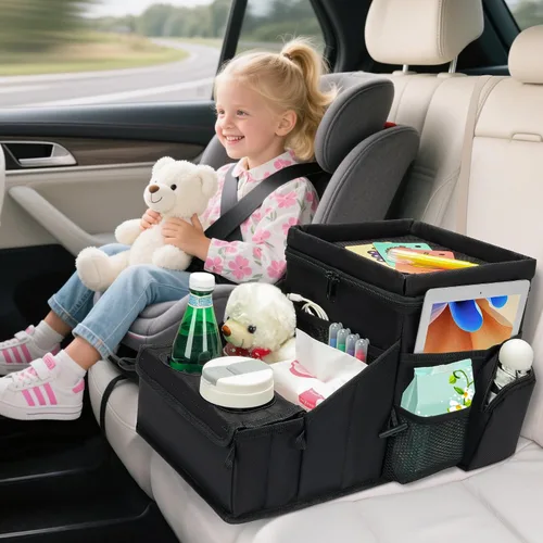 Vista 4 de Organizador de automóvil para niños, organizador de asiento trasero para niños y organizador de asiento de pasajero para adultos, enfriador y Negro