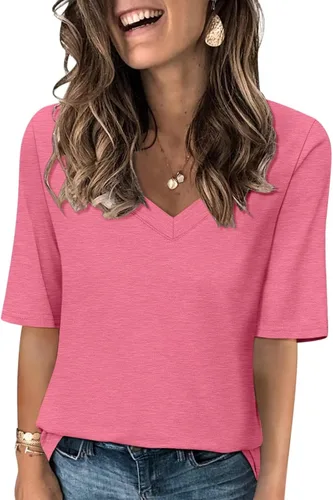 Vista 15 de Minetom Camisetas de verano básicas de media manga con cuello en V para mujer