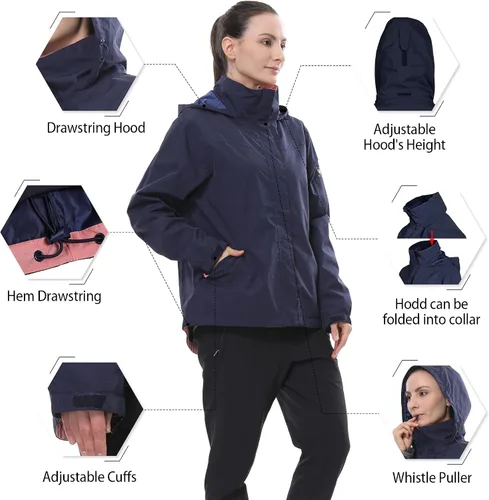 Vista 4 de Chaqueta impermeable Softshell para mujer, impermeable, ligera, rompevientos con capucha para exteriores
