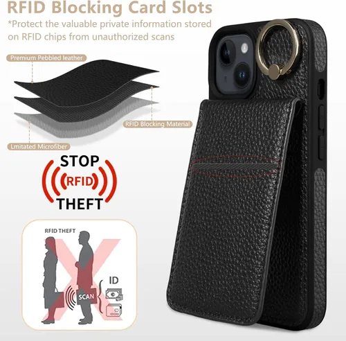 Vista 7 de Funda para iPhone 12 Pro/12, 6.1'', Funda Cartera Cruzada Desmontable con Ranuras para Tarjetas con Bloqueo RFID, Anillo de Soporte 360, Funda Negro