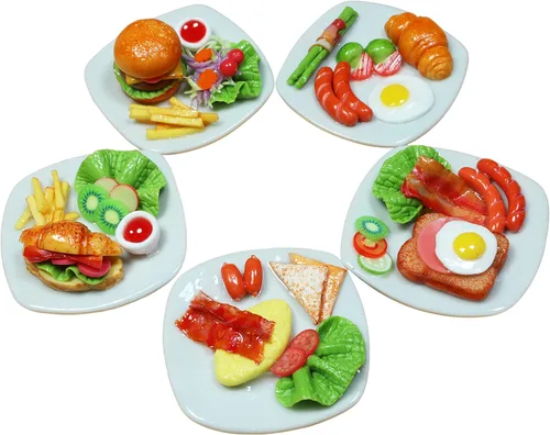Vista 2 de Juego de comida para el desayuno en miniatura hecha a mano, 5 platos surtidos, accesorios de comida de arcilla seca al aire, escala 1:6, platos