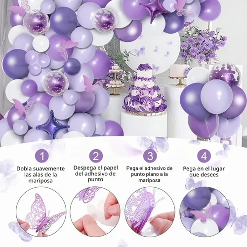 Vista 4 de PERPAOL Kit de guirnalda de globos morados de 150 piezas con calcomanías de mariposa, arco de globos de confeti morado metálico y macarrón blanco