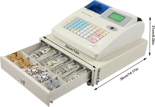 Vista 2 de Caja registradora, caja registradora electrónica de 48 teclas, 8 pantalla LED digital, 100 V, sistema electrónico POS, caja registradora Blanco