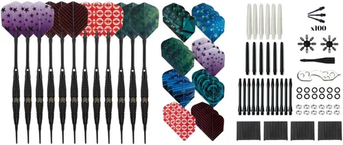 Vista 6 de Shot Taker Co. - Juego de dardos de punta suave, 12 piezas con 100 puntas de dardos adicionales, 24 protectores de vuelo y llave para tablero