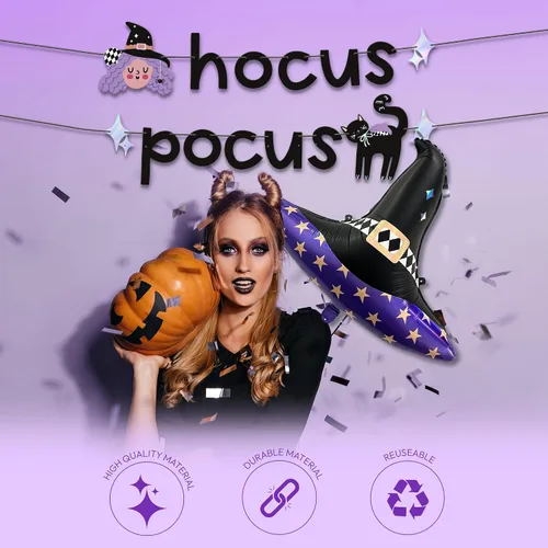 Vista 5 de HOUSE OF PARTY Hocus Pocus, pancarta de Halloween y globo de sombrero de bruja, decoración perfecta para fiestas de Halloween en interiores
