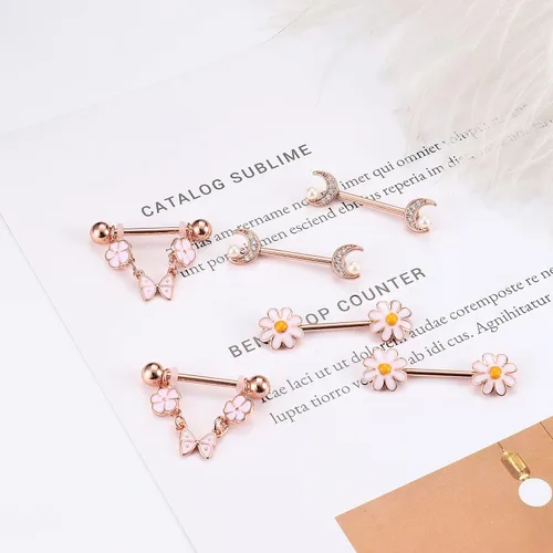 Vista 5 de BESTEEL 7 pares de anillos de pezón de 14 G para mujer acero quirúrgico para pezón joyería de circonita cúbica mariposa margarita flor lengua barra