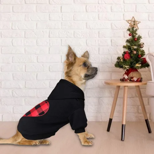 Vista 6 de Sudadera con capucha para perros pequeños, ropa para mascotas, diseño de lana cuadriculada negro, cálido y suave, transpirable, cómodo (Talla S)