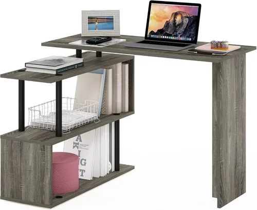 Vista 10 de Furinno Escritorio clásico, escritorio para juegos en forma de L de 40 pulgadas de ancho, escritorio para computadora, escritorio con estantes