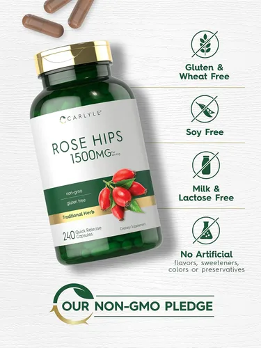 Vista 4 de Carlyle Rose Hips 1500 mg 240 cápsulas de liberación rápida Suplemento herbario sin OMG y sin gluten