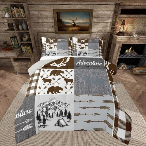 Vista 17 de Juego de edredón de cabaña rústica navideña, juego de ropa de cama estilo rústico con diseño de osos y ciervos, tamaño completo, patchwork Multi 08