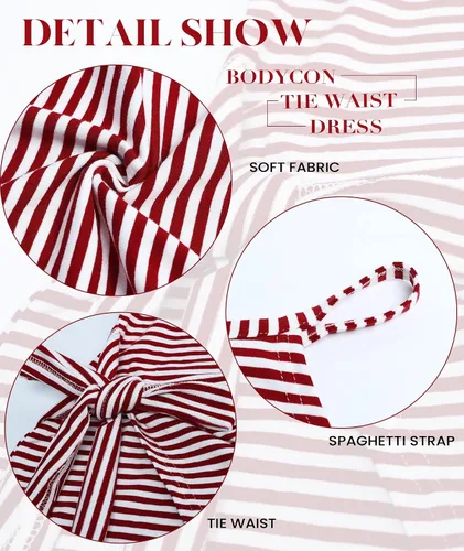 Vista 4 de NOLLSOM Vestidos Midi Tank Casuales Sin Mangas a Rayas para Mujer con Cuello Halter Fruncidos Bodycon con Lazo en la Cintura Vestido de Camiseta
