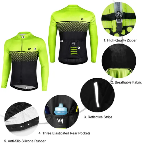Vista 7 de Maillot de ciclismo para hombre, manga larga, con 3 bolsillos traseros, secado rápido, transpirable, para bicicleta