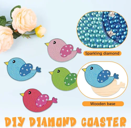 Vista 5 de Tontut 8 posavasos de madera de pintura de diamante con soporte, posavasos de pájaro pequeño, kits de arte de diamantes para principiantes, adultos