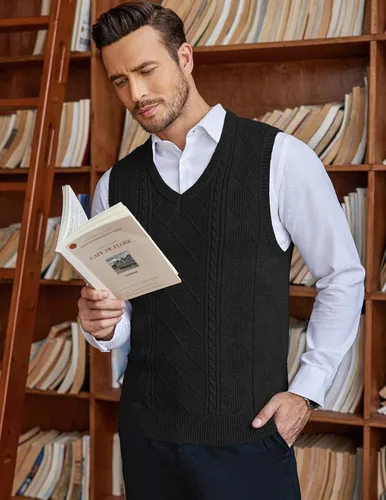Vista 3 de COOFANDY Chaleco de suéter para hombre, cuello en V, sin mangas, tejido casual, ajustado, chaleco