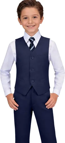 Vista 6 de Visaccy Traje formal para niños, traje de esmoquin ajustado para niños Traje negro corbata azul cuadros (4 piezas)