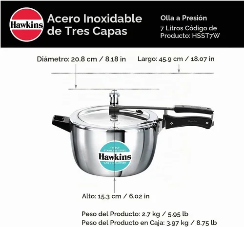 Vista 7 de HAWKINS Triply - Olla a presión de acero inoxidable, olla ancha, tapa interior, 7 litros, color plateado