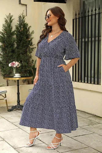 Vista 7 de Keluummi Vestidos largos para invitados de boda de talla grande para mujeres con curvas, vestido de verano casual bohemio floral largo cruzado