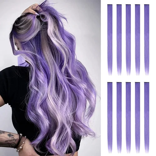 Vista 20 de FESHFEN Juego de 12 extensiones de cabello con clip, color negro, con clip, con purpurina, kit de accesorios coloridos para mujeres, de 20 pulgadas