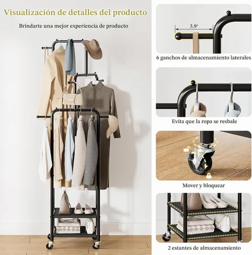 Vista 5 de Chrislley Pequeño Perchero de Ropa con Ruedas, Perchero Enrollable Portátil de 71" con 2 Estantes y 6 Ganchos, Perchero de Ropa de Metal Resistente