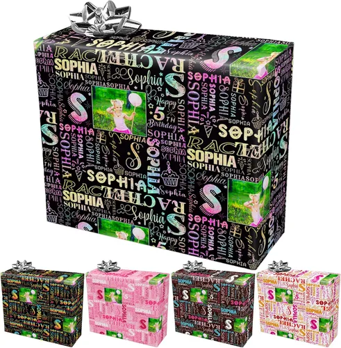 Vista 19 de Papel de regalo personalizado con fotografía, “Merry Christmas” con sombrero de Navidad, papel de regalo personalizado “Happy Birthdays” con nombre