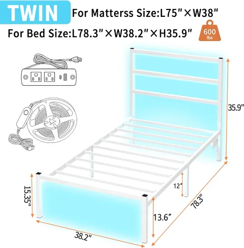 Vista 2 de CLIBFENG Base de cama individual con cabecero, soporte de listones de acero resistente, marco de cama LED con estación de carga USB, base de colchón