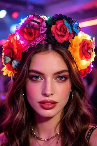 Vista 5 de Diadema de flores iluminada para mujer, accesorio para el día de los muertos, accesorios para el cabello de Halloween